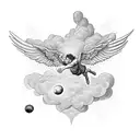 falling icarus with wings, he is falling teaching out to the sun. half realistic half minimal geometric tattoo design idea