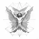 falling icarus with wings, he is falling teaching out to the sun. half realistic half minimal geometric tattoo design idea