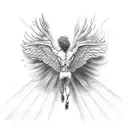 falling icarus with wings, he is falling teaching out to the sun. half realistic half minimal geometric tattoo design idea