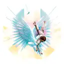falling icarus with wings, half realistic half minimal geometric tattoo design idea