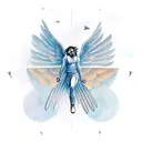 falling icarus with wings, half realistic half minimal geometric tattoo design idea