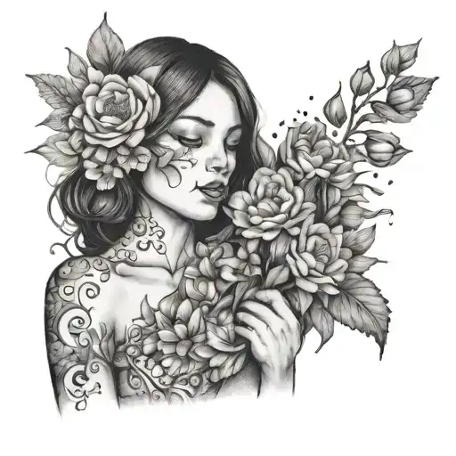 woman holding a flame in front of chest and other hand holding a bouquet of flowers covering eyes with the flowers tattoo design idea