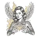 woman holding a flame in front of chest tattoo design idea