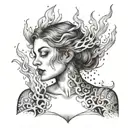 woman holding a flame in front of chest tattoo design idea