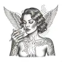 woman holding a flame in front of chest tattoo design idea