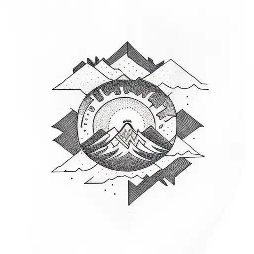 nature arm tattoo with mountains, trees, orange sun king with a crown tattoo design idea