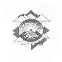 nature arm tattoo with mountains, trees, orange sun king with a crown tattoo design idea