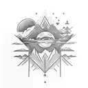 nature arm tattoo with mountains, trees, orange sun king with a crown tattoo design idea