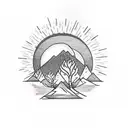 nature arm tattoo with mountains, trees, orange sun king with a crown tattoo design idea