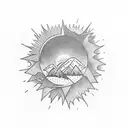 nature arm tattoo with mountains, trees, orange sun king with a crown tattoo design idea