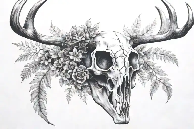 deer skull ferns mushrooms tattoo design idea