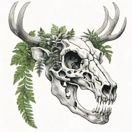deer skull ferns tattoo design idea