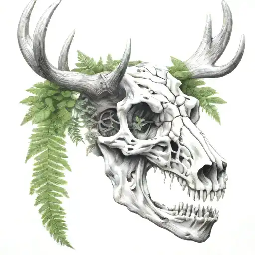 deer skull ferns tattoo design idea