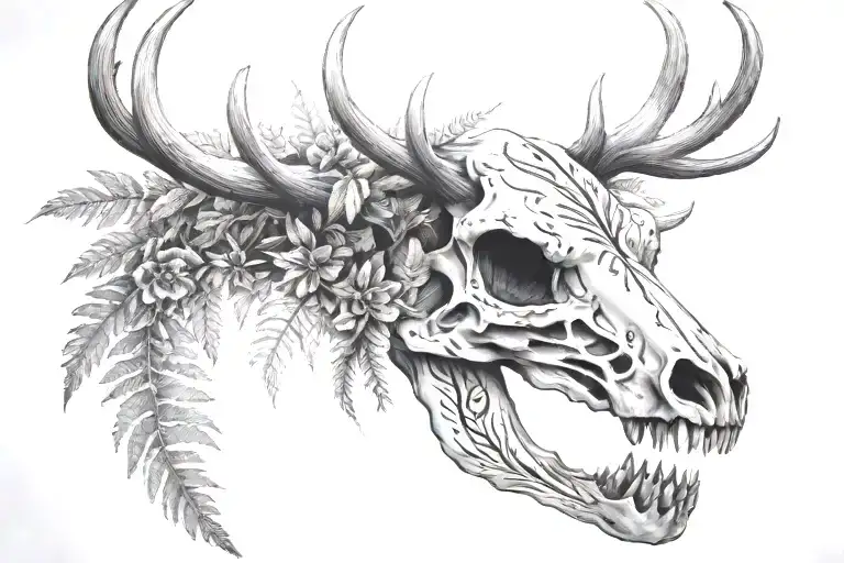deer skull ferns tattoo design idea