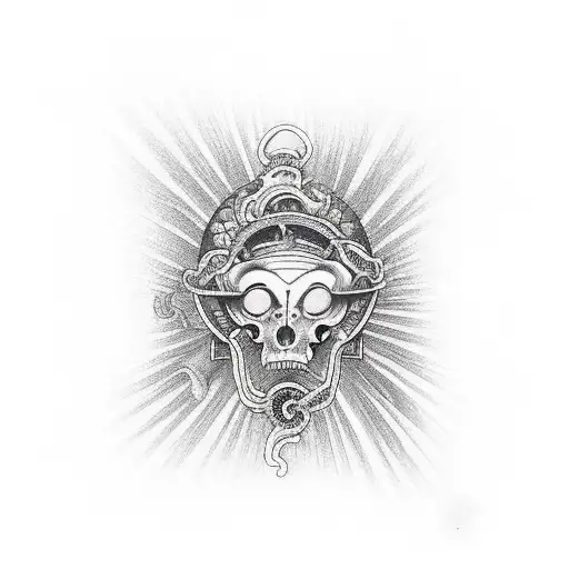 long chain with remains of human skin and holy eyes tattoo design idea
