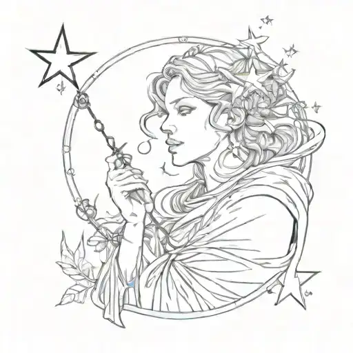 seraphin angel with a star behind the eye and string hanging tattoo design idea