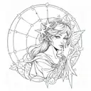 seraphin angel with a star behind the eye and string hanging tattoo design idea