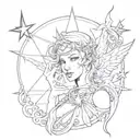 seraphin angel with a star behind the eye and string hanging tattoo design idea