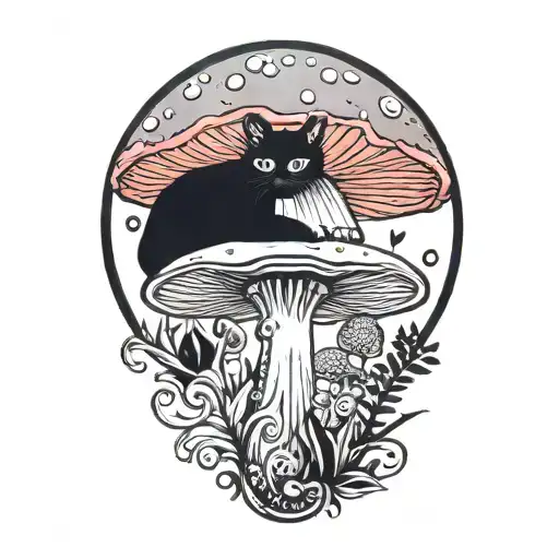 colorful mushroom with black cat tattoo design idea
