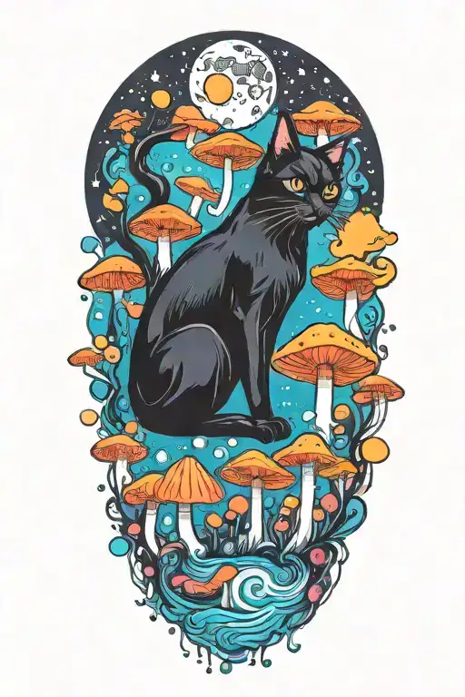 black cat and trippy colorful mushrooms with moon melting  tattoo design idea