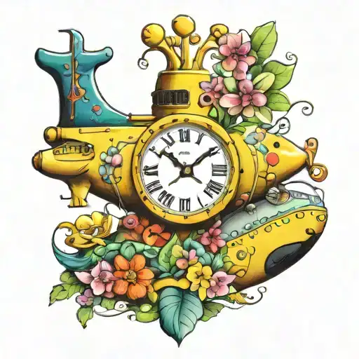 yellow submarine with colorful flowers and clock tattoo design idea