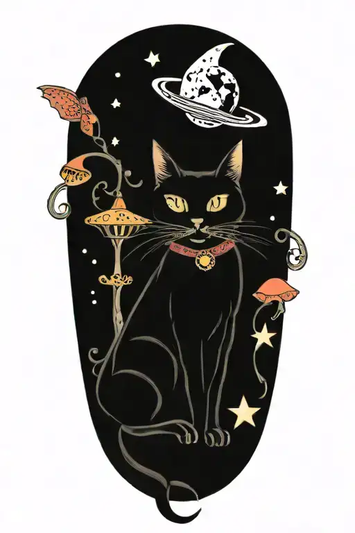 witch cat with moon and stars and colorful mushrooms and bats tattoo design idea