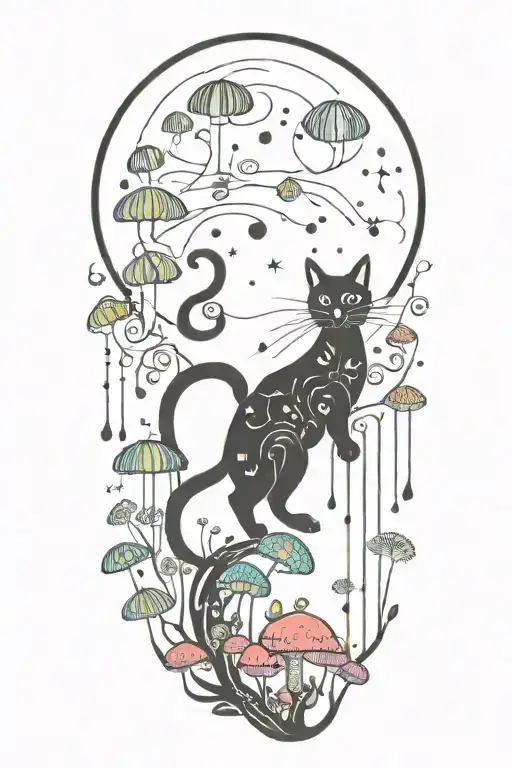 black cat and trippy colorful mushrooms with moon  tattoo design idea