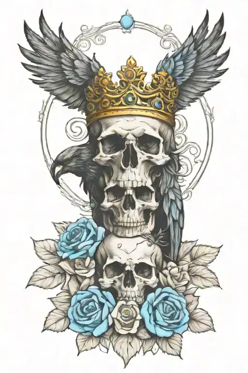 raven wearing crown with blue rose and skull tattoo design idea