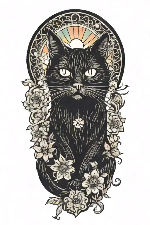 black hippie cat with trippy flowers and sun with peace sign tattoo design idea