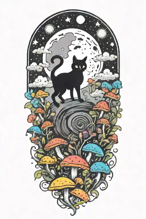 black cat with colorful mushrooms and crescent moon and clouds and stars tattoo design idea