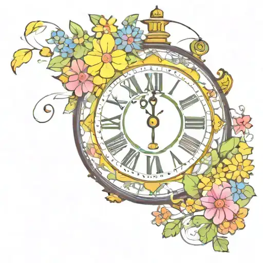 yellow submarine with colorful flowers and clock tattoo design idea