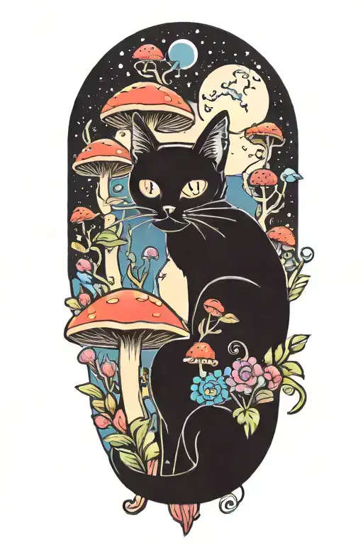 black cat with 3 eye balls and trippy colorful mushrooms with moon melting  tattoo design idea
