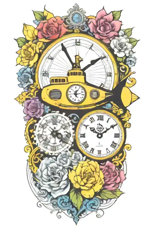 yellow submarine with colorful flowers and clock and rainbow  tattoo design idea