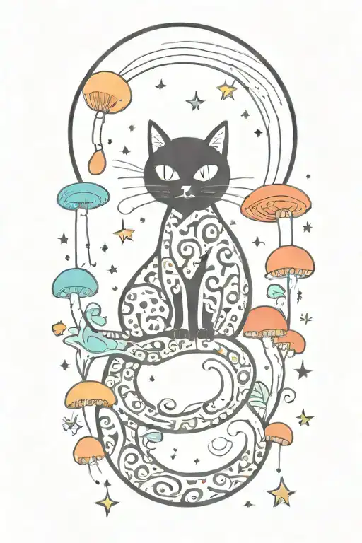black cat with colorful mushrooms and crescent moon and clouds and stars tattoo design idea