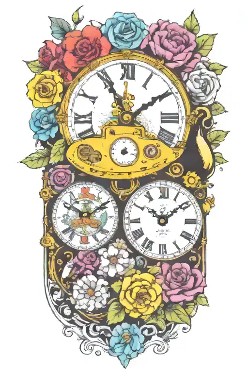 yellow submarine with colorful flowers and clock and rainbow  tattoo design idea