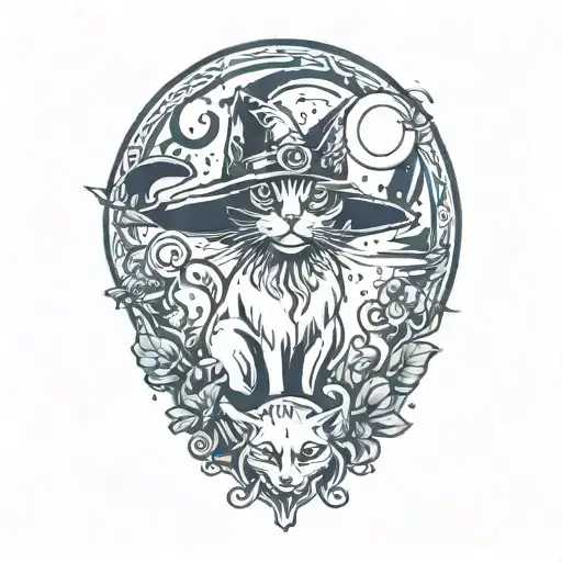 witch cat and moon and mushrooms tattoo design idea