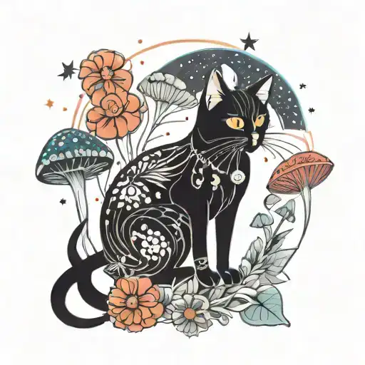 black cat and colorful mushrooms with moon and stars tattoo design idea
