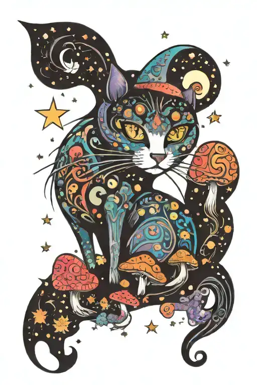 witch cat with moon and stars and colorful mushrooms trippy  tattoo design idea