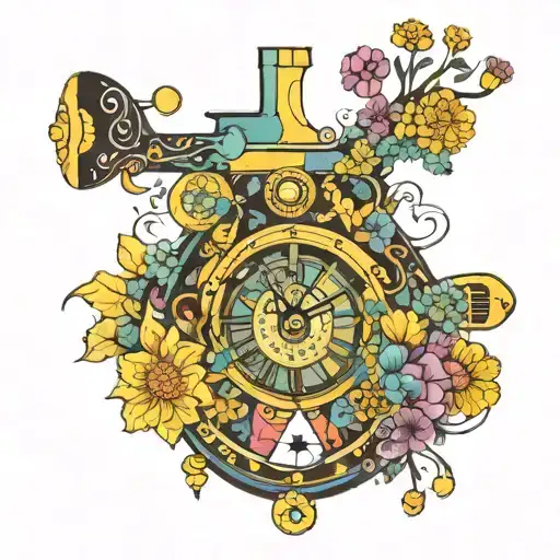 yellow submarine with colorful flowers and clock tattoo design idea