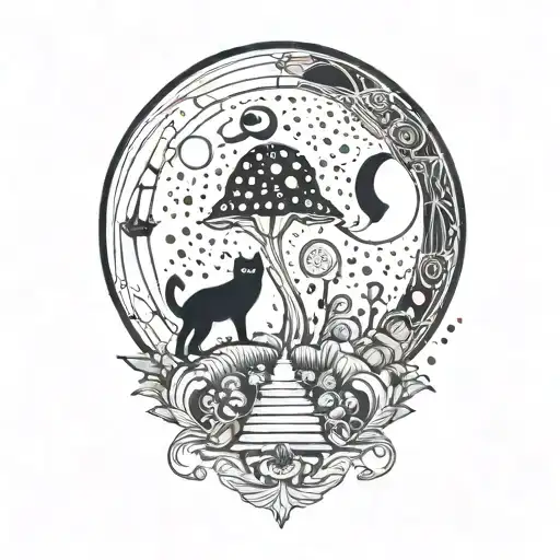moon with black witch cat and colorful mushrooms growing tattoo design idea