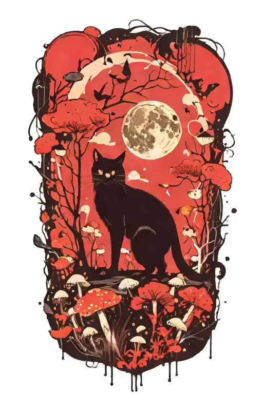 moon with black cat and colorful mushrooms tattoo design idea