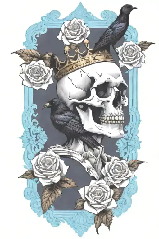 skull wearing crown with raven on skull and blue roses tattoo design idea