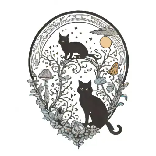 moon with black witch cat and colorful mushrooms growing tattoo design idea