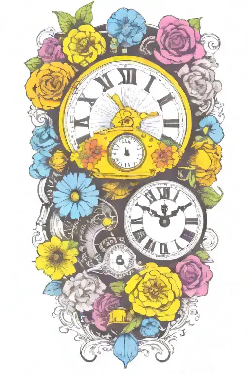 yellow submarine with colorful flowers and clock and rainbow  tattoo design idea