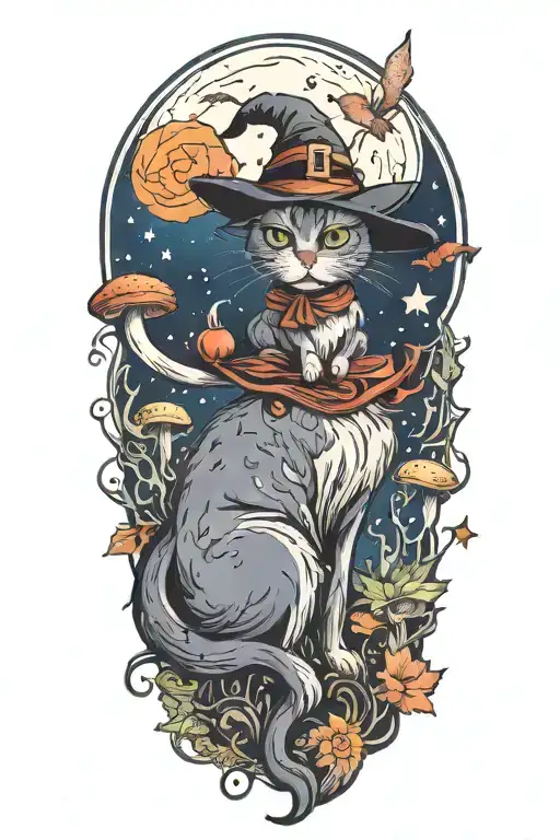 witch cat with moon and stars and colorful mushrooms and bats tattoo design idea