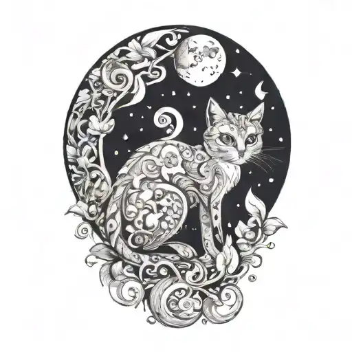 mushroom cat with moon tattoo design idea