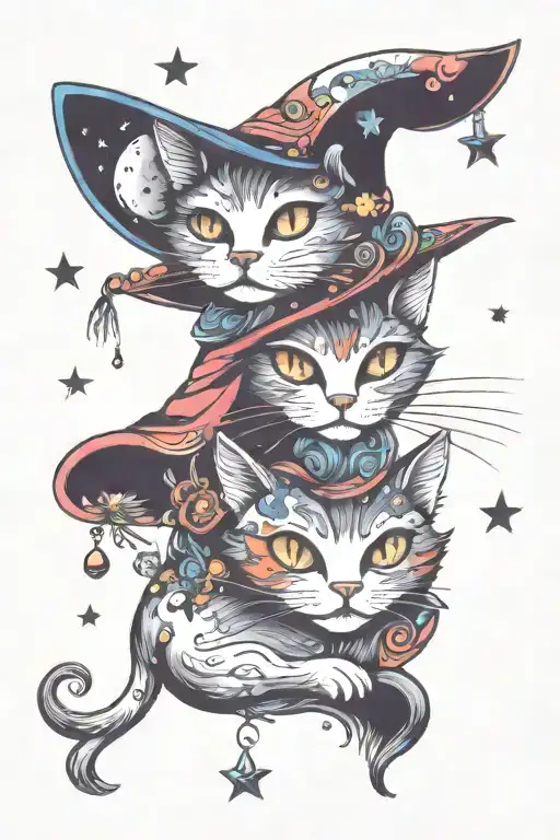 witch cat with moon and stars and colorful mushrooms trippy  tattoo design idea