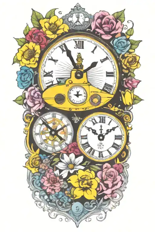 yellow submarine with colorful flowers and clock and rainbow  tattoo design idea
