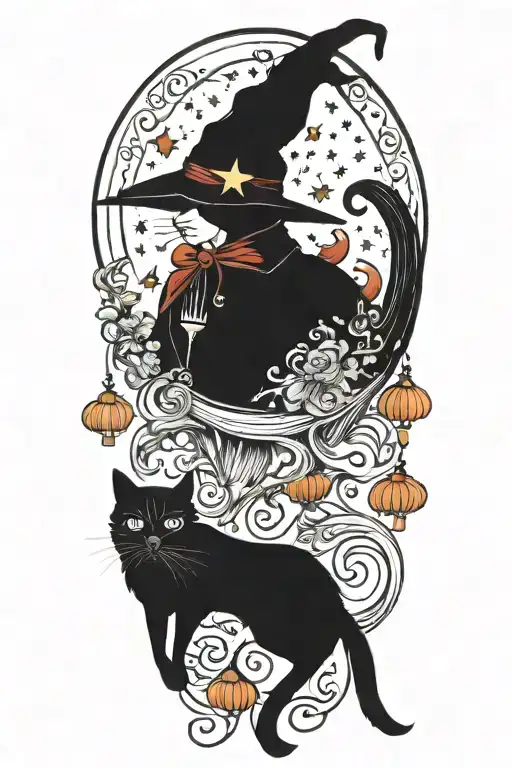 witch cat with moon and stars and colorful mushrooms and bats tattoo design idea