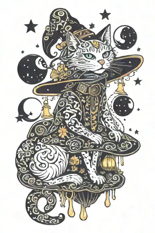 witch cat with moon and stars and colorful mushrooms trippy  tattoo design idea